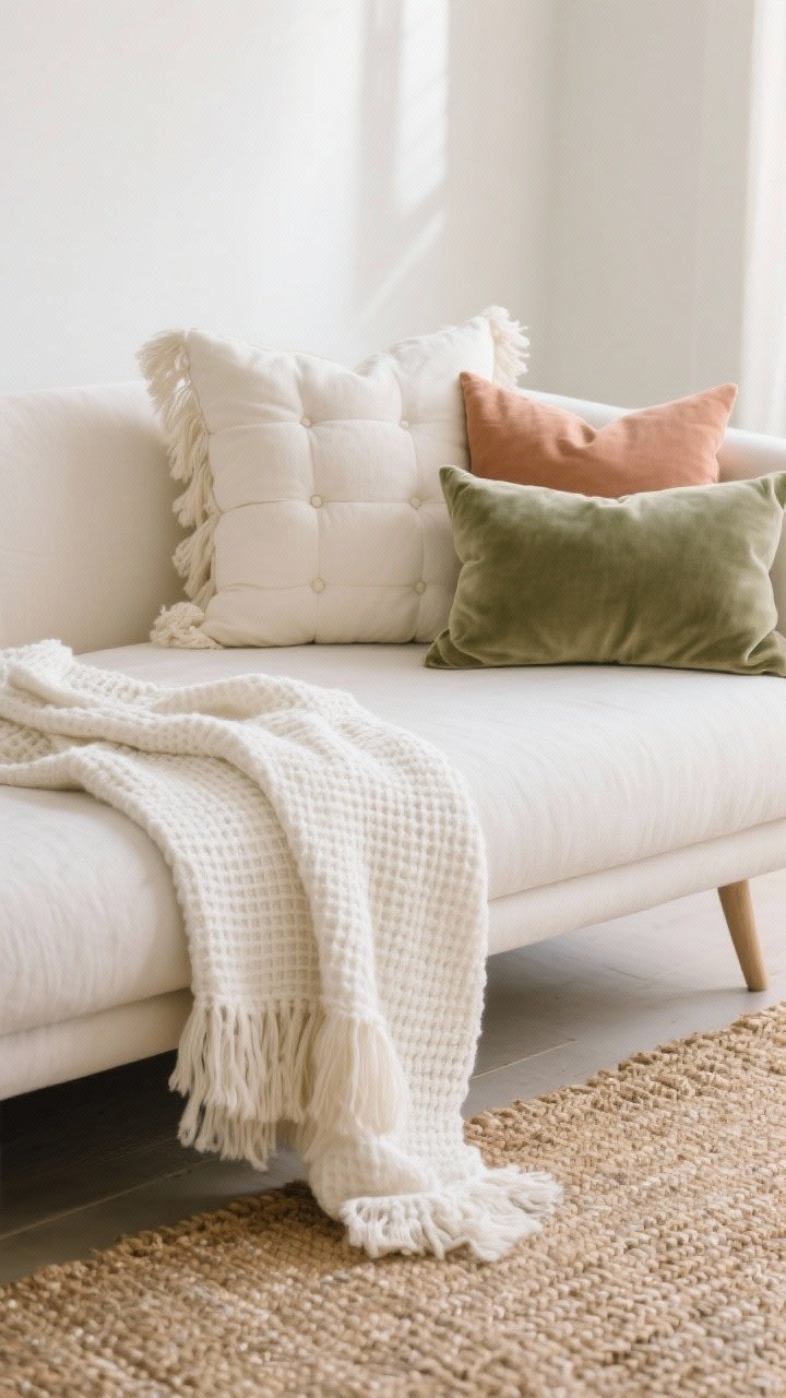 Photorealistic closeup detail shot of layered spring textures on a light neutral sofa: airy ivory linen throw casually draped over the arm, a pale waffle weave throw folded at the seat, pillows mixing smooth cream cotton with a tufted oatmeal cover and a fringed ivory cover, plus one accent pillow in sage velvet; in front, a flatweave rug layered over a natural jute rug for depth; color palette limited to ivory and oatmeal neutrals with a single clay-toned linen cushion peeking in; soft natural daylight diffused, shallow depth of field to emphasize fabric weave and nubby boucle textures, no people