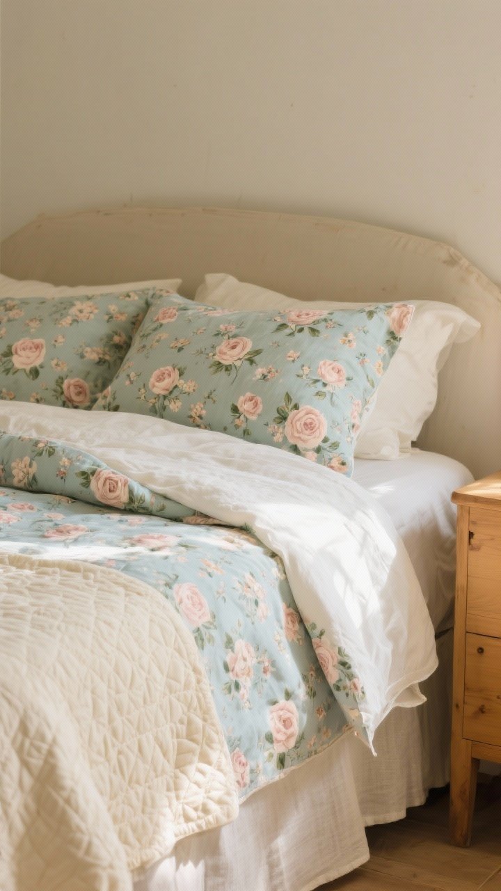 Photorealistic closeup of a cottagecore bed dressed in vintage-inspired floral bedding: ditsy prints on cotton percale sheets in sage and blush, a faded rose pattern duvet in dusty blue tones, layered with a buttercream solid matelassé quilt folded at the foot; natural linen texture visible, slightly rumpled for realism; warm, soft morning light; neutral bedroom backdrop with honey-toned wood nightstand barely in frame