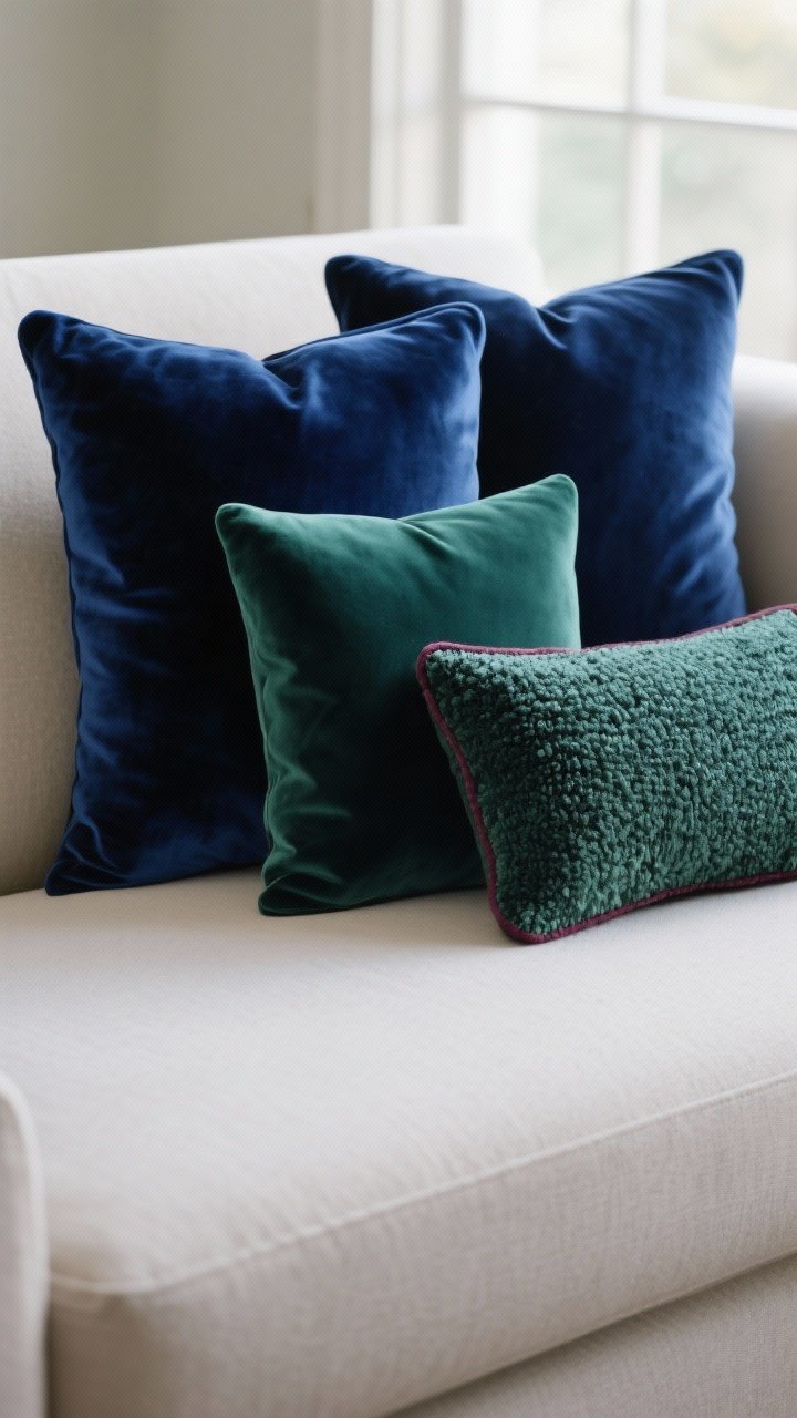 Photorealistic closeup of a sofa pillow stack showing mixed sizes and shapes in velvet: two large 24" velvet squares at the back in a moody jewel tone (sapphire), layered with 20" squares in complementary velvet and a contrasting bouclé, finished with a slim lumbar in deep emerald. Use the 60-30-10 color rule with dominant sapphire, supporting emerald, and a tiny garnet accent piping. Soft, even window light emphasizing velvet sheen and pile direction, no people, tight composition on the pillows.