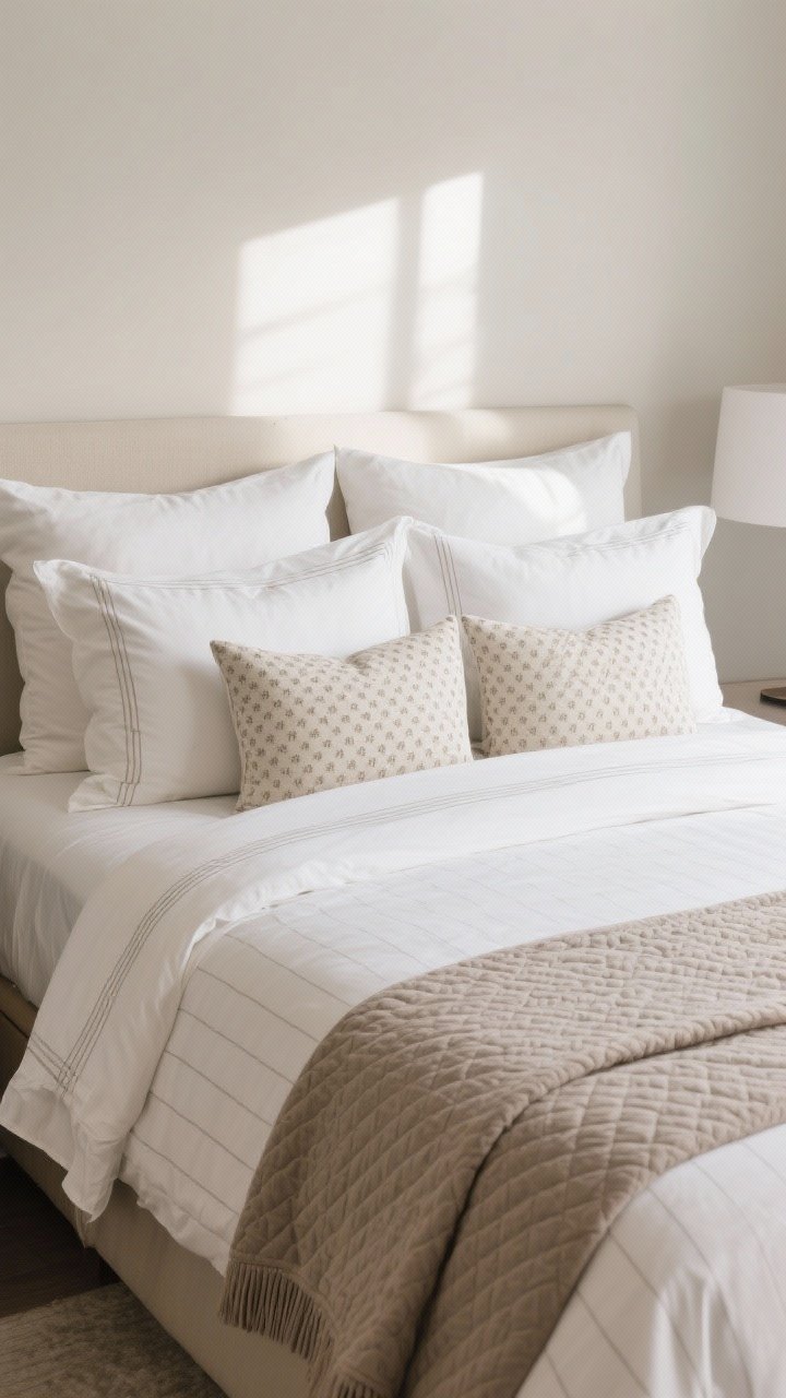 Photorealistic closeup of hotel-worthy bedding styled to perfection: 100% cotton percale sheets with subtle pinstripe, a lightweight duvet in solid white inside a washable cover, a folded matelassé blanket in soft taupe at the end, and a six-pillow arrangement—two sleeping pillows, two supportive shams, and two decorative pillows in small-scale pattern that repeats on a slim lumbar. Soft, even morning light.