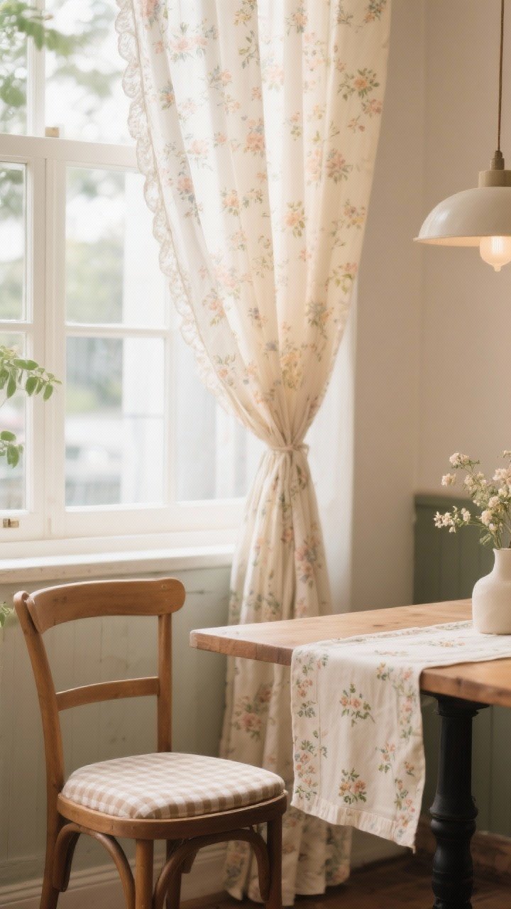 Photorealistic closeup of soft textiles: café curtains in delicate floral fabric filtering daylight, a chair seat cushion in subtle gingham, and a narrow table runner with tiny florals draped over a wooden table; keep patterns gentle and balanced; natural, diffused light; palette of creams, soft pastels, and warm neutrals to avoid overpowering “grandma’s curtains.”