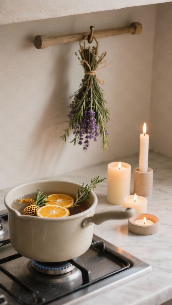 Photorealistic closeup vignette focused on gentle fragrance layers: a small stovetop pot simmering citrus peels and herbs, beeswax candles in simple holders giving a warm glow, and a bundle of drying rosemary and lavender hanging from a hook; subdued, cozy lighting with emphasis on warmth and subtle aromatics; neutral, natural materials.