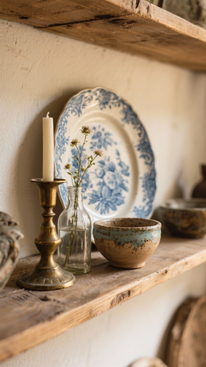 Photorealistic closeup vignette of flea-market finds and heirloom vibes: a single shelf styled with one antique piece—blue transferware plate propped at the back—paired with a patinated brass candlestick and a small handmade pottery bowl with imperfect glaze; an old clear glass bottle holding a few tiny wildflowers; mix of old and new items without feeling like a time capsule; warm wood, gentle golden-hour light grazing textures, slight corner angle