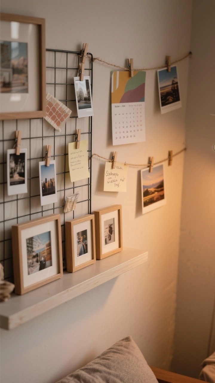 Photorealistic detail/closeup and slight overhead angle of a personal memory display: a shallow photo ledge with layered small frames and mini prints, a wire grid with minimalist clips holding Polaroids, postcards, and a tiny monthly calendar, a washi tape mini-gallery in coordinated colors framing a couple of notes, and a string-and-clips line across the corner with travel pics and handwritten memos; warm ambient light suggesting a Sunday-night refresh ritual; tactile textures of paper, matte frames, and soft tape edges.