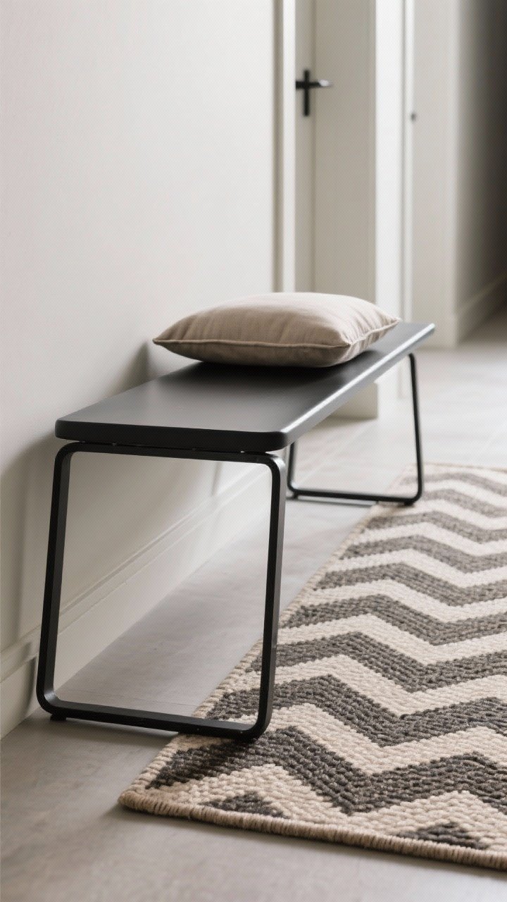 Photorealistic detail/closeup from a low angle of a slim metal bench with a powder-coated black frame and open-leg design in a narrow hallway; focus on the legs’ sleek profile and the low-profile patterned indoor/outdoor mat below—bold geometric or herringbone pattern in neutral tones; add a single lumbar pillow centered on the bench; non-slip mat backing slightly visible at the edges; crisp, modern mood with even natural light; no people.