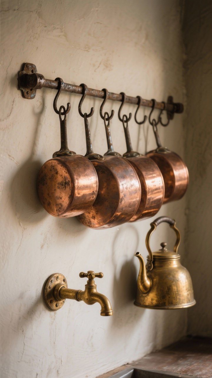 Photorealistic detail closeup of a wall-mounted rack with a small row of gleaming yet slightly tarnished copper pots and pans beside an aged brass kettle; include a single brass faucet in frame, with iron hooks for a mixed-metal moment; soft warm lighting to create a gentle glow; emphasize the patina and shine interplay, thrifted heirloom feel, and moody brass + iron contrast.