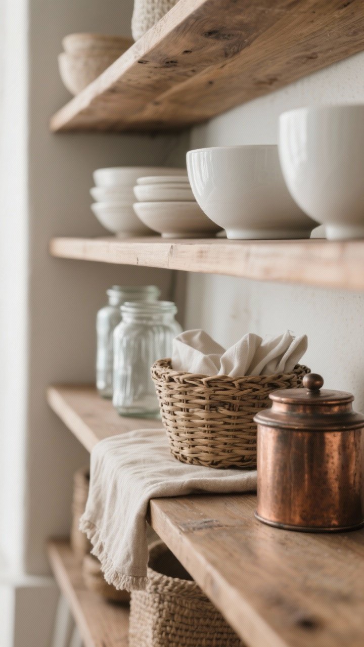 Photorealistic detail closeup of layered textures on open shelving: warm wood shelf supporting smooth white ceramic bowls; in front, clear glass jars catching light; a small woven basket tucked beside holding napkins; a folded natural linen runner placed under a petite copper canister to show linen + metal contrast; focus on tactile surfaces and patina, soft diffused daylight, slight corner angle, dust-blurring texture emphasis