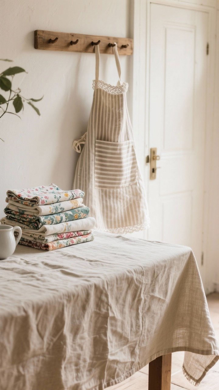 Photorealistic detail closeup of linens and aprons as decor: a rumpled linen tablecloth in natural oat, striped cotton tea towels stacked with mixed prints, and a pretty apron hanging from a wooden peg rail by the door; include a hint of lace edging on one linen for subtle romance; soft morning light; tactile weave and drape prominently visible.