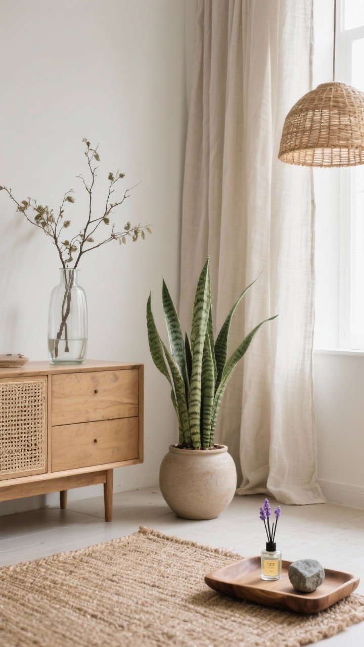 Photorealistic detail shot bringing in nature without excess: a snake plant in a simple ceramic pot on the floor near soft linen curtains, a tall clear vase of seasonal branches on a dresser, and natural materials layered—jute rug, rattan lampshade, raw wood tray with a small stone catchall. Add a tiny diffuser emitting a calming lavender-cedar vibe. Gentle daylight.