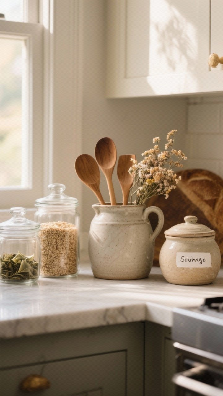 Photorealistic medium countertop scene in a cozy kitchen: a stoneware crock holds wooden spoons and spatulas; clear apothecary jars with airtight lids store grains and loose-leaf tea; a ceramic jug holds a small bundle of dried flowers. A lidded stoneware container sits nearby for sourdough starter. Labels are handwritten and minimal. Warm morning light, subtle reflections on glass, and matte textures on stoneware. Straight-on, eye-level composition.