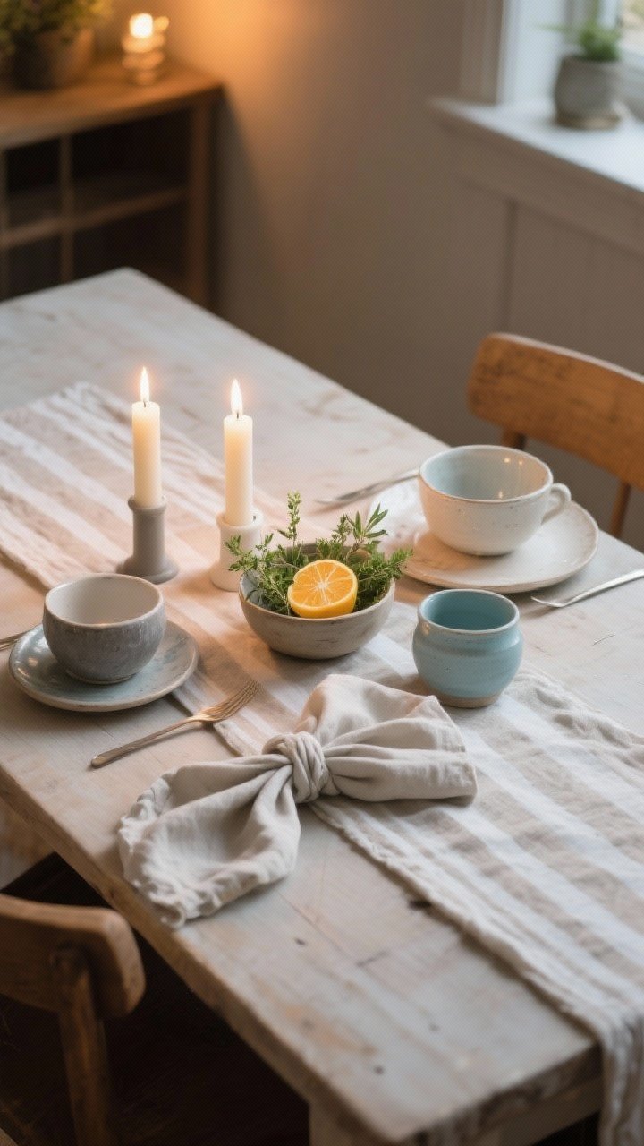 Photorealistic medium overhead shot of a simple spring dinner table set for one to two: natural linen or light striped runner, two staggered candle heights, a small bowl of citrus or fresh herbs as centerpiece, mismatched ceramics in ivory, cloud gray, and pale blue, and a cloth napkin tied in a loose knot; warm, cozy evening lighting, no screens in view, subtly rustic table surface, fresh and effortless look