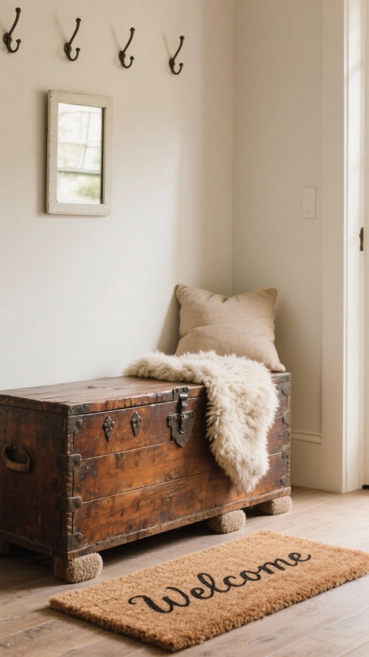 Photorealistic medium shot at a slight corner angle of a vintage storage chest repurposed as a bench, rich patina wood with felt pads visible under the feet; seat softened with a neutral cushion or sheepskin draped casually; above, clean-lined hooks and a simple rectangular mirror to balance the vintage feel; on the floor, a personalized coir script welcome mat (family name in cursive), tones coordinated with the chest’s finish; warm, cozy ambiance with gentle afternoon light; no people.