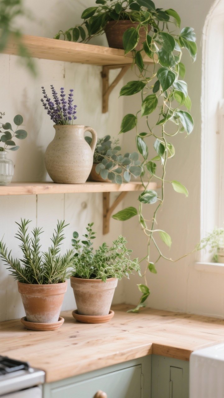 Photorealistic medium shot bringing nature indoors on kitchen shelves: potted herbs (rosemary and thyme) in simple clay pots at arm’s reach; a trailing pothos draping softly over the shelf edge; a stoneware jug holding dried lavender and eucalyptus; soft, fresh morning light, muted cottage palette of creams, sage, and warm wood; straight-on view emphasizing the greenery’s softening lines, no people, serene and alive