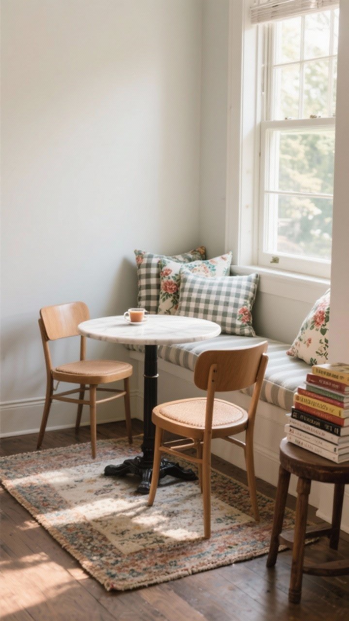Photorealistic medium shot of a cozy sipping nook: a petite bistro table with two chairs beside a window bench piled with gingham and floral pillows, a small rug layered under the table for warmth, and a tidy stack of cookbooks on a side stool; morning light streaming in; inviting, intimate corner angle emphasizing linger-worthy comfort.
