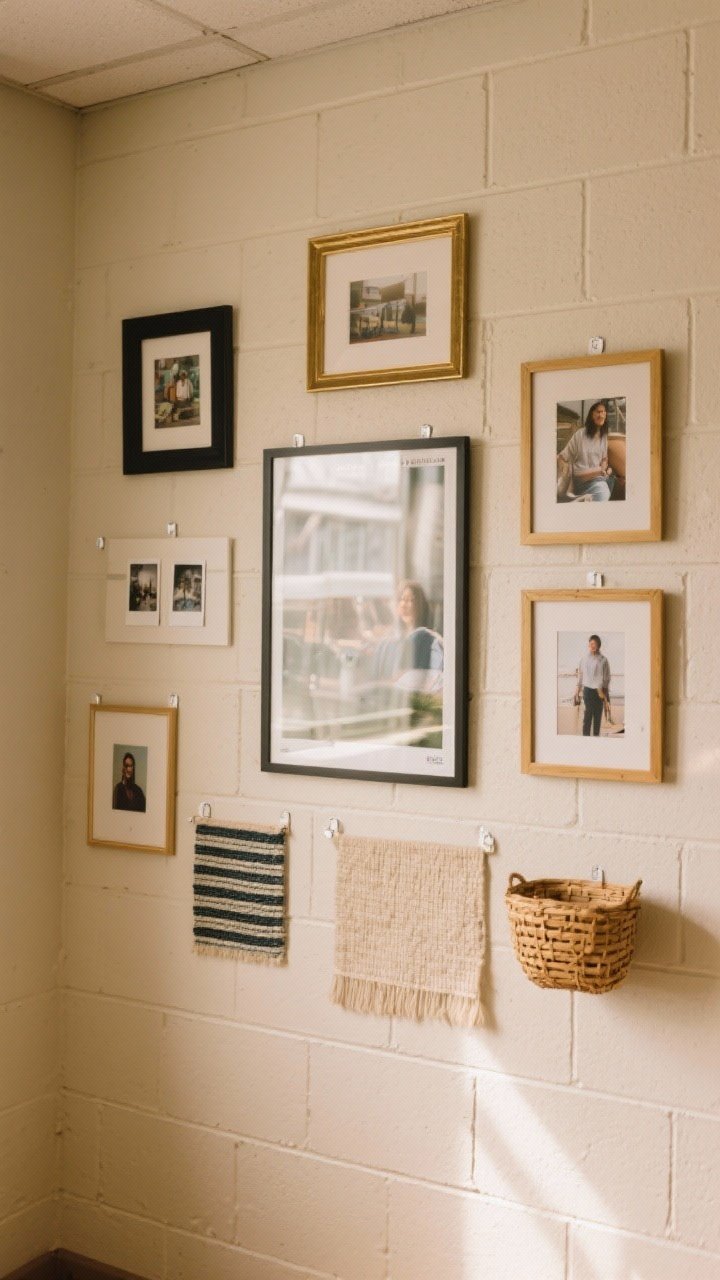 Photorealistic medium shot of a curated dorm gallery wall on light neutral paint over cinderblock, arranged around a large focal poster centered, with balanced frames in two finishes (matte black and brushed gold), a mix of sizes, printed 4x6 photos in a small grid, a piece of fabric art, and one small 3D object (a shallow rattan basket) for dimension; Command strips visible subtly, clean 2–3 inch spacing, soft warm ambient light; textures include smooth paper, glass, woven fabric; straight-on perspective for an intentional, collected-not-cluttered look.