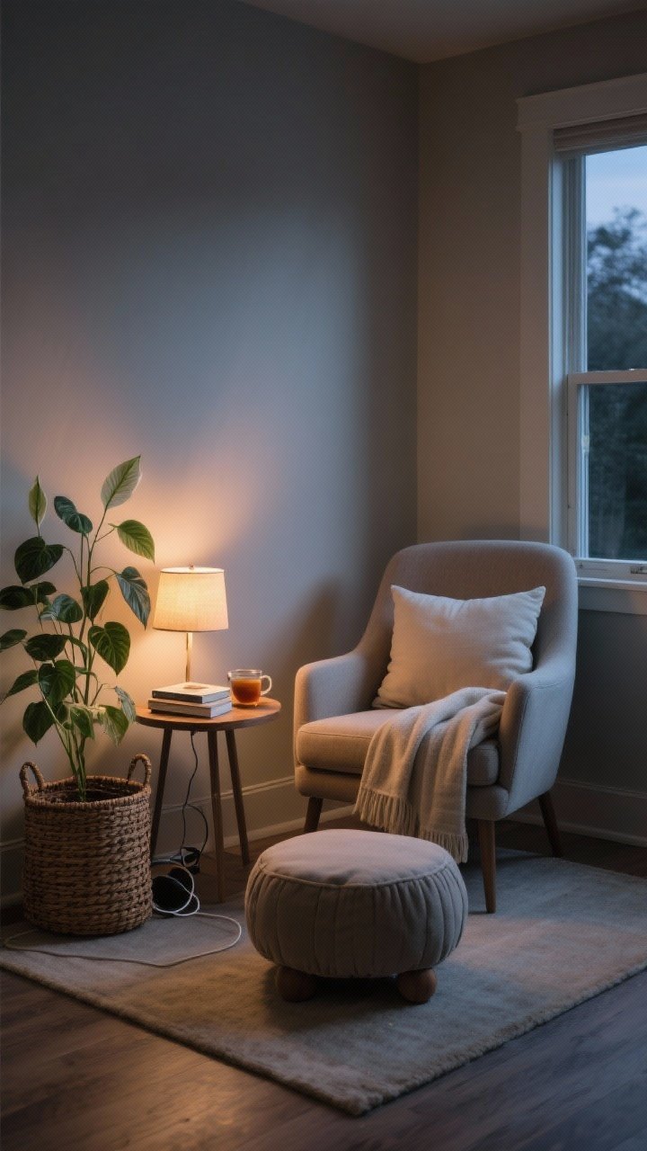 Photorealistic medium shot of a device-free unplugging nook: a comfortable chair you’d actually love with a footstool or pouf, a small side table holding a book, tea, and a small lamp with a warm glow, a light throw and a lumbar-support pillow, and a woven basket tucked beside the chair to hide cords/devices; add a low-maintenance plant like a pothos or peace lily; calm evening ambiance with dim lighting and soft shadows, captured from a cozy corner angle