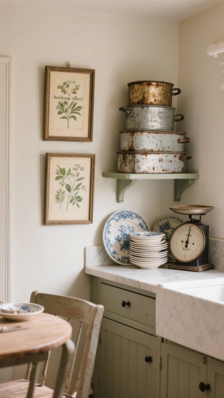 Photorealistic medium shot of a “heirloom effect” display: a small gallery wall with framed botanical prints near a breakfast nook, weathered baking tins stacked on a shelf, vintage scales on the counter, and a mixed set of transferware plates leaning and stacking; soft, indirect natural light; emphasize mismatched but cohesive vintage character and subtle patina.