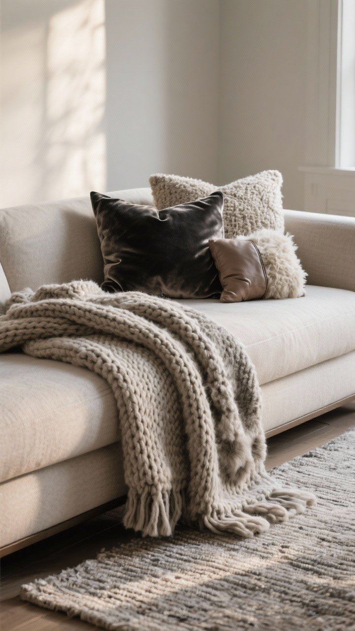 Photorealistic medium shot of a living room sofa corner styled like a layered outfit: chunky knit throw draped over the arm, silky faux-fur throw folded on top, pillows in velvet, linen, bouclé, and a small leather accent pillow, with a small sheepskin layered over a flatweave rug underfoot; tight winter palette of creams, charcoal, and taupe; soft afternoon natural light grazing the textures; straight-on angle emphasizing contrasting materials