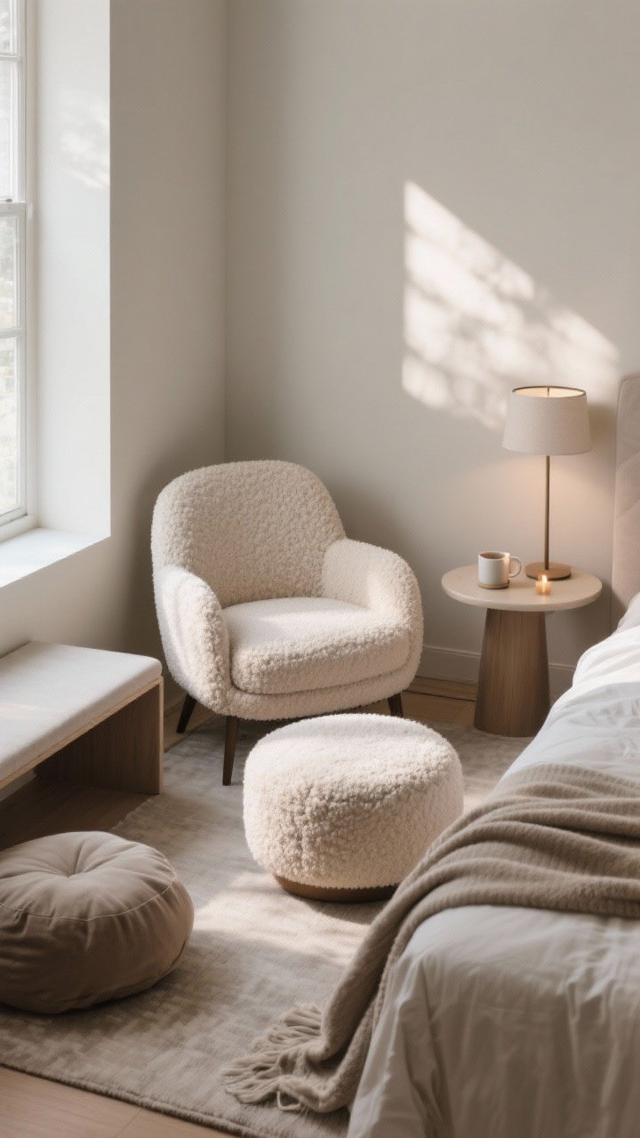 Photorealistic medium shot of a mini lounge zone in a bedroom corner: a compact bouclé lounge chair with a matching ottoman, a slim round side table holding a mug and a candle, and a soft throw invitingly draped. Natural afternoon light filters in. If space-constrained, show a low bench at the foot of the bed with a floor cushion and a nearby reading lamp to define the non-bed zone.