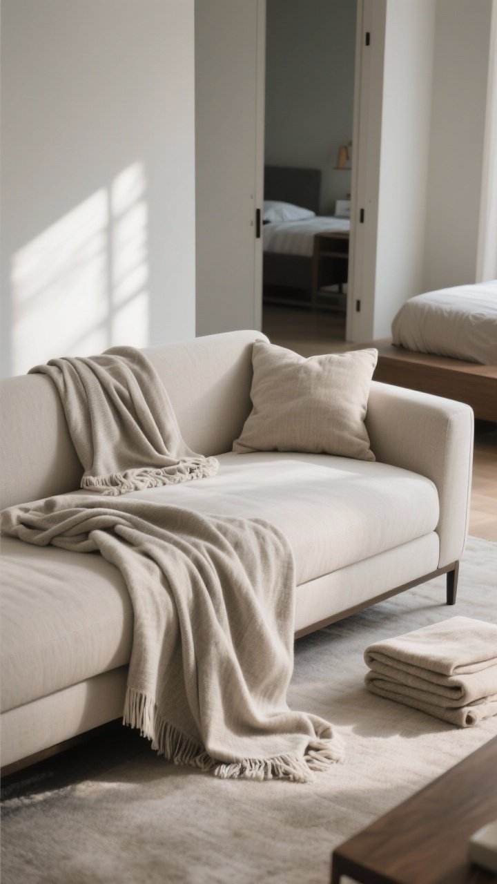 Photorealistic medium shot of a modern living room sofa styled with three intentional throw placements: “Waterfall” fold draped over one sofa arm in a clean vertical cascade, “Corner Toss” with one end flung over the back corner and artfully finessed folds, and a coordinating throw folded as a “Footnote” across the foot of a nearby bed visible through an open doorway. Neutral-toned sofa, soft natural afternoon light, one dramatic throw per seating piece, textures visible in the folds. Clean, curated look—not messy—show balance of structure and softness.