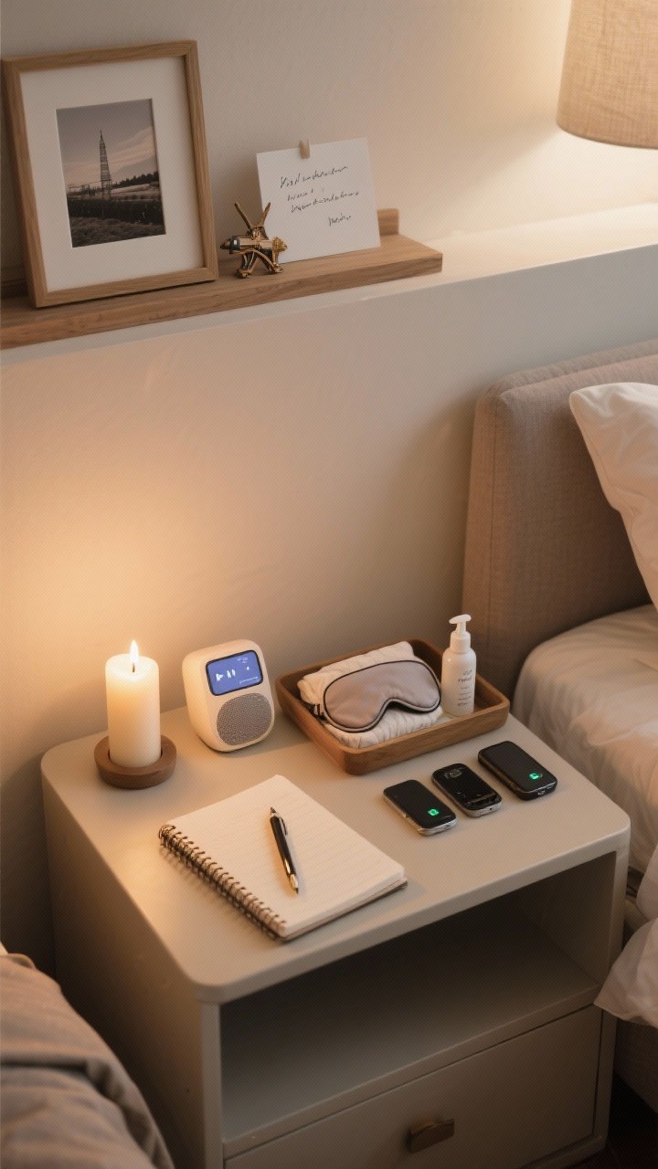 Photorealistic medium shot of a personalized rituals vignette: a wind-down corner on a small side table with a lit candle, a journal with a pen, and a mini speaker showing a soft-playlist interface; a sleep kit tray with an eye mask, linen spray, and neatly parked devices in bedtime mode. Include one framed photo, one travel memento, and one handwritten note on a shelf—thoughtful, restrained, warmly lit.