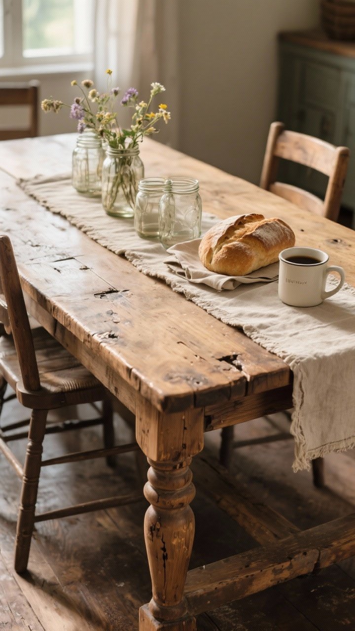 Photorealistic medium shot of a timeworn solid-wood farmhouse table in oak with turned legs and visible dings and patina, bathed in soft morning natural light. No tablecloth; a vintage linen runner runs down the center with a casual cluster of thrifted glass jars, one holding a few wildflowers. A loaf of bread rising under a linen cloth and a cooling mug of coffee sit on the surface. Subtle expandable leaf seam visible. Oiled, glowing wood grain and imperfect edges emphasized. Straight-on perspective.