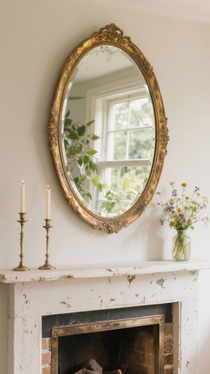 Photorealistic medium shot of a vintage heirloom mirror above a fireplace mantel. The mirror has a gilded frame with age patina, subtle chips, and slight foxing in the glass, plus beveled edges. Positioned across from a window to bounce soft natural light and reflect a hint of leafy plants. On the mantel, slender candlesticks and a small vase of wildflowers. Oval shape harmonizes with cottage elements. Straight-on view emphasizing depth and brightness.