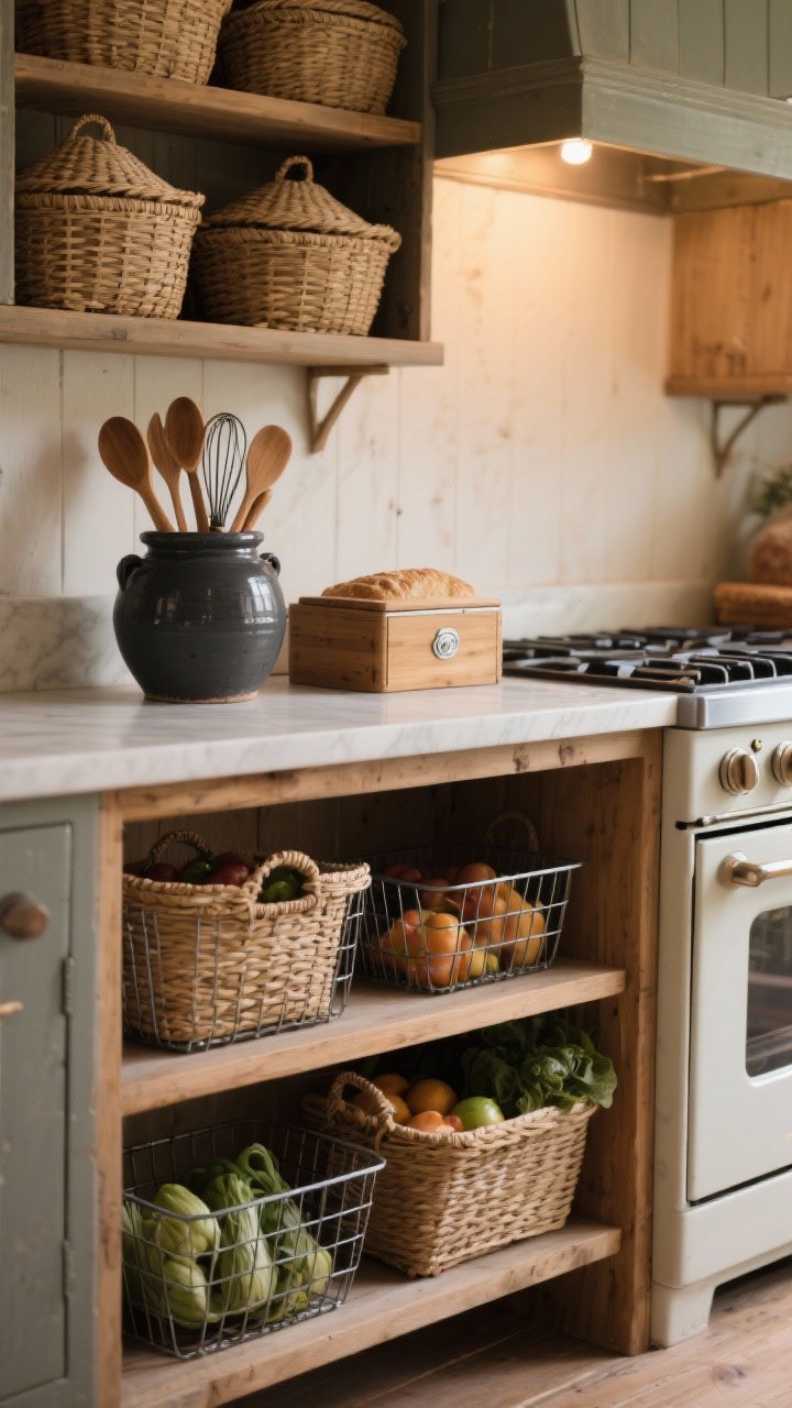 Photorealistic medium shot of cottage kitchen storage that looks good: woven lidded baskets and wire bins holding produce on lower shelves, a charcoal-colored crock by the stove filled with wooden spoons and whisks, and a small enamel or wood bread box on the counter; warm, cozy ambient lighting; emphasize tactile textures of wicker, stoneware, and enamel against wood.