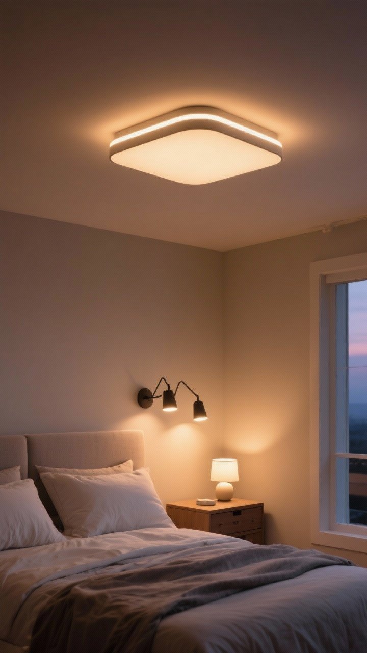 Photorealistic medium shot of layered bedroom lighting at dusk: a dimmable flush-mount fixture overhead set to warm 2700K, matching swing-arm bedside sconces for task lighting, and a tiny accent lamp glowing on a dresser. Include smart bulbs casting soft, adjustable pools of light; no harsh daylight bulbs. Neutral palette room with cozy, warm ambience.