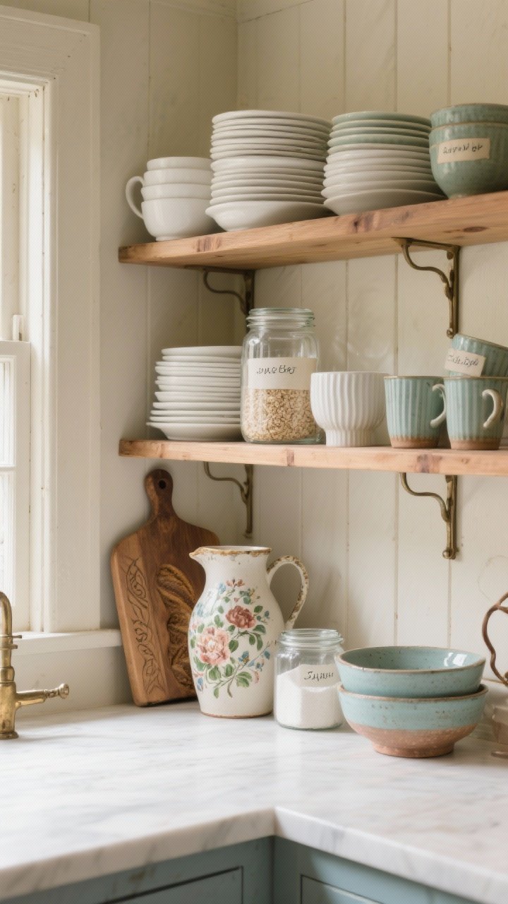 Photorealistic medium shot of open kitchen shelves curated like a cottagecore collector: soft neutral palette of creams, sage, muted blues, and warm wood shelves; stacks of white everyday ceramic plates, stoneware bowls, and ribbed mugs; clear glass jars of flour, oats, and sugar with handwritten labels; one showpiece vintage floral pitcher beside a carved bread board leaned casually; subtle accents of worn brass and a hint of copper; natural morning light from the left, shallow depth of field, straight-on angle, tidy but lived-in styling