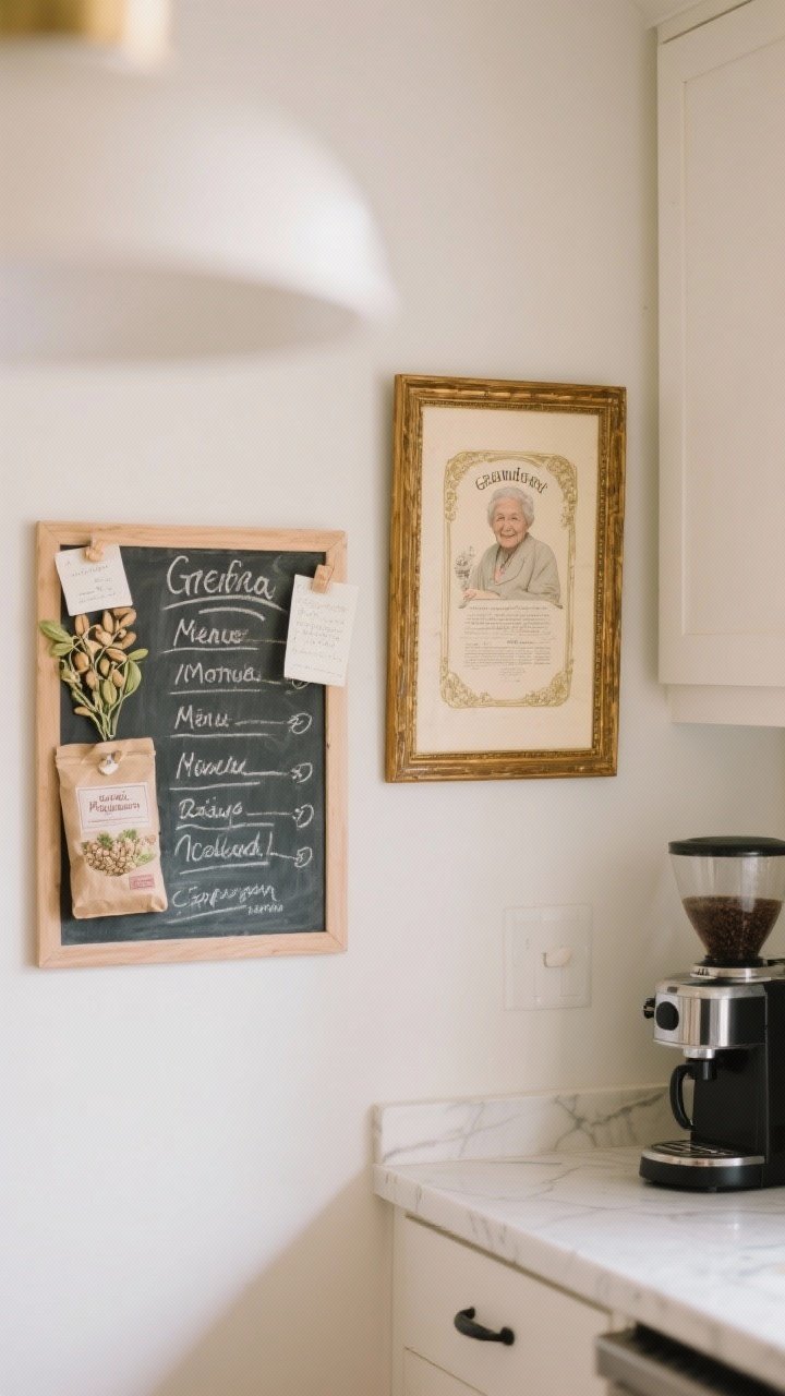 Photorealistic medium shot of small, sweet art and notes: a chalkboard with a handwritten menu, a seed packet collage pinned on a small inspiration board near a coffee station, and a framed grandparent’s recipe card in an antique gold or wood frame; soft, even light; personal, story-rich touches without clutter.