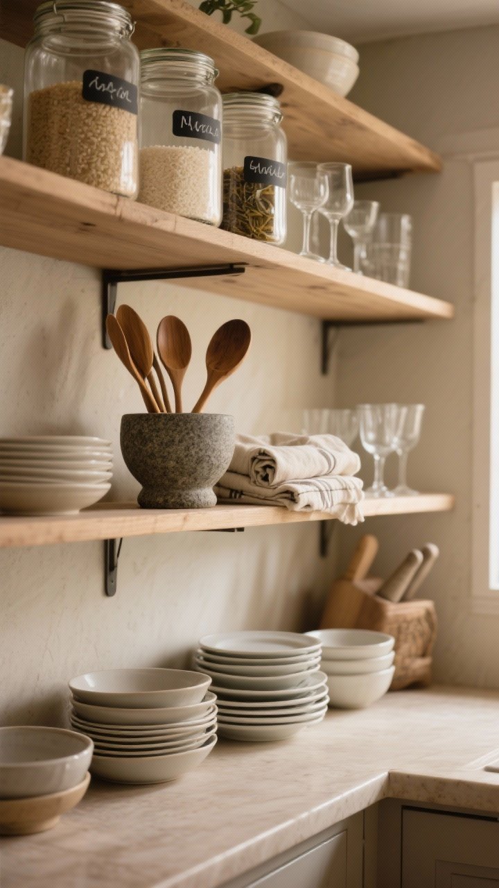 Photorealistic medium shot of useful decor on open shelves: decanted pantry basics—flour, rice, tea—in clear glass jars with handwritten labels; a crock filled with wooden spoons, a stone mortar and pestle, neatly folded linen tea towels; stacks of everyday plates and bowls at arm’s reach on the lower shelf, delicate glassware placed higher; warm, practical ambiance with soft natural side lighting, straight-on perspective, uncluttered and functional
