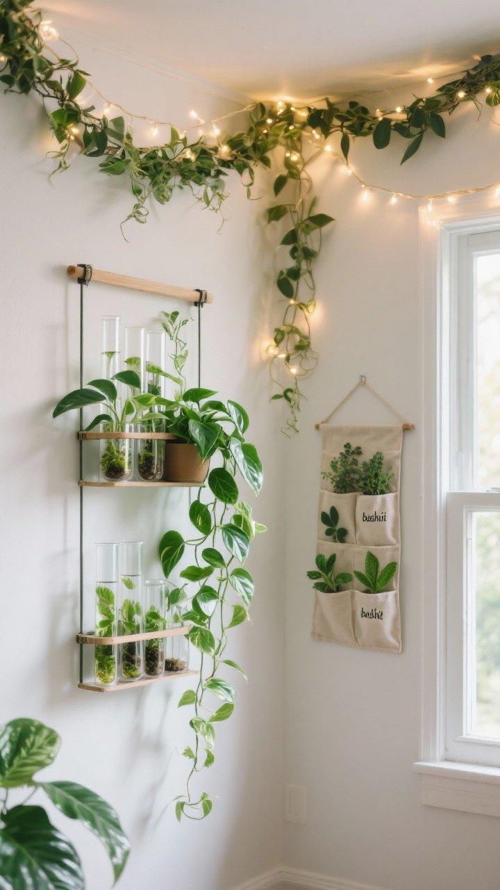 Photorealistic medium shot of wall-mounted greenery solutions: adhesive wall planters holding trailing pothos and philodendron cascading down, a slim hanging rack with glass test tubes displaying plant propagations, faux vine garlands layered with fairy lights sweeping across the upper wall for a cozy canopy feel, and a small fabric herb pocket organizer near a sunny window with labeled pockets (basil, mint); emphasize glossy leaves, clear glass, and soft string-light glow; shot from a corner angle to show depth.