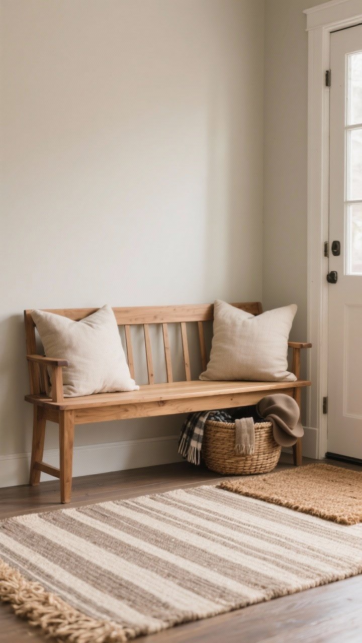 Photorealistic medium shot, straight-on view of a Classic Shaker-style wood bench in oak with clean lines, set against a calm neutral wall; a natural fiber coir welcome mat atop a thin striped rug layered beneath at the door; earthy textures emphasized—coir bristles, subtle jute weave; add two simple throw pillows on the bench, a low basket tucked under for scarves and hats; warm natural daylight from the side for visual calm; palette of oak, maple, or walnut tones with neutral fibers; no people.