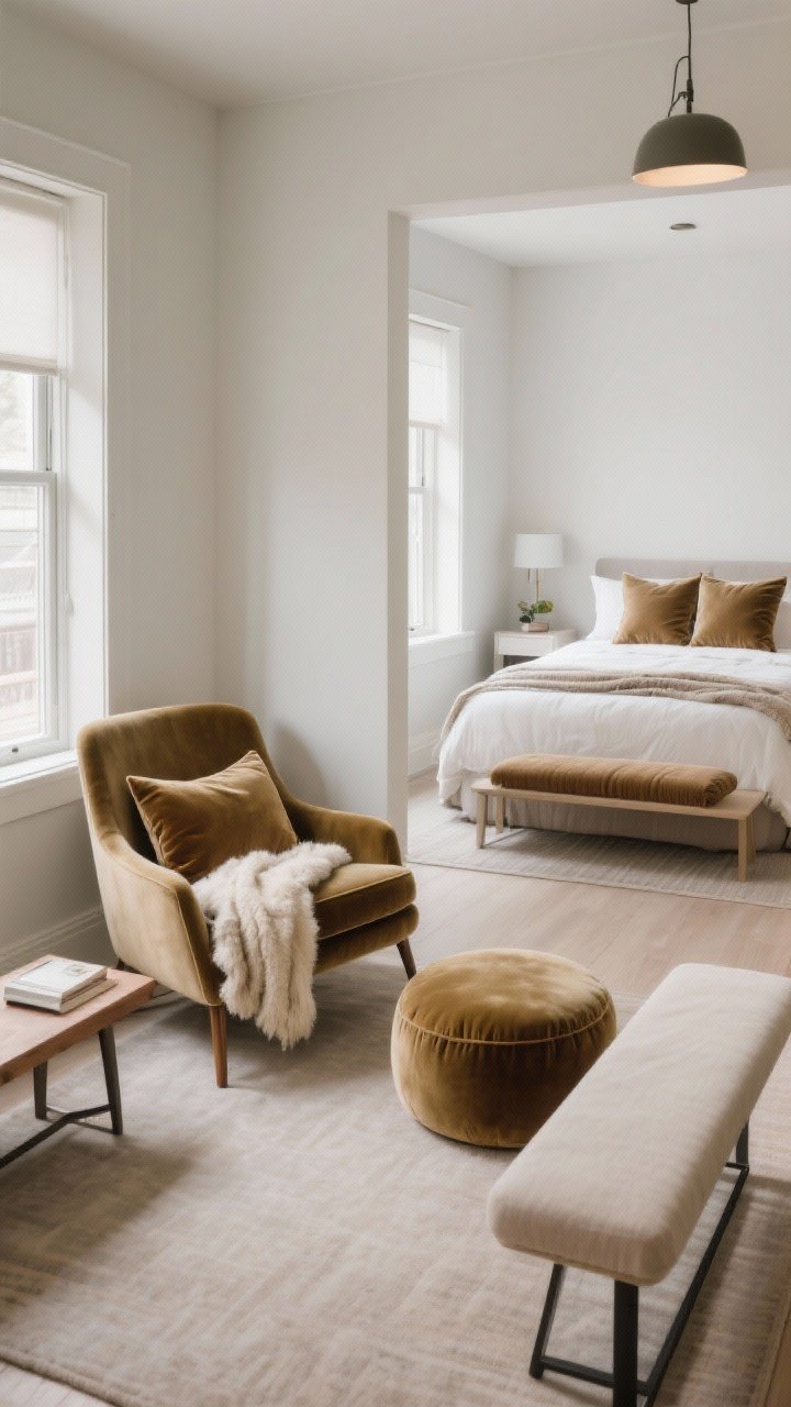 Photorealistic multi-angle medium shot montage feel (single frame composed as a corner-to-corner view) styling every seat in one open-plan space: an accent chair with one velvet lumbar and a light throw folded over the back; a reading nook with faux-shearling throw on the seat and a small round velvet cushion; a dining bench with a slim performance-velvet lumbar; a bed visible in the background with two velvet euros, two standard shams, and a throw at the foot. Small-space approach: lighter-weight throws and 18"-20" pillows where appropriate. Soft overhead and window light, intentional, uncluttered.