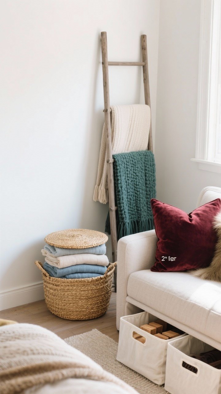 Photorealistic overhead and straight-on composite-style scene of practical care, storage, and seasonal switches focused on textiles: a seagrass lidded basket by a sofa neatly containing folded throws; a slim blanket ladder leaning against a wall with two seasonal options (light linen/cotton in sand and sky for warm weather; chunky knit and deep velvet in oxblood/forest for cold weather); under-bed breathable cotton bins partially pulled out with cedar blocks visible; close detail of a velvet pillow being brushed, and a plump insert labeled 2" larger than cover. Clean, bright daylight, organized and cozy mood.