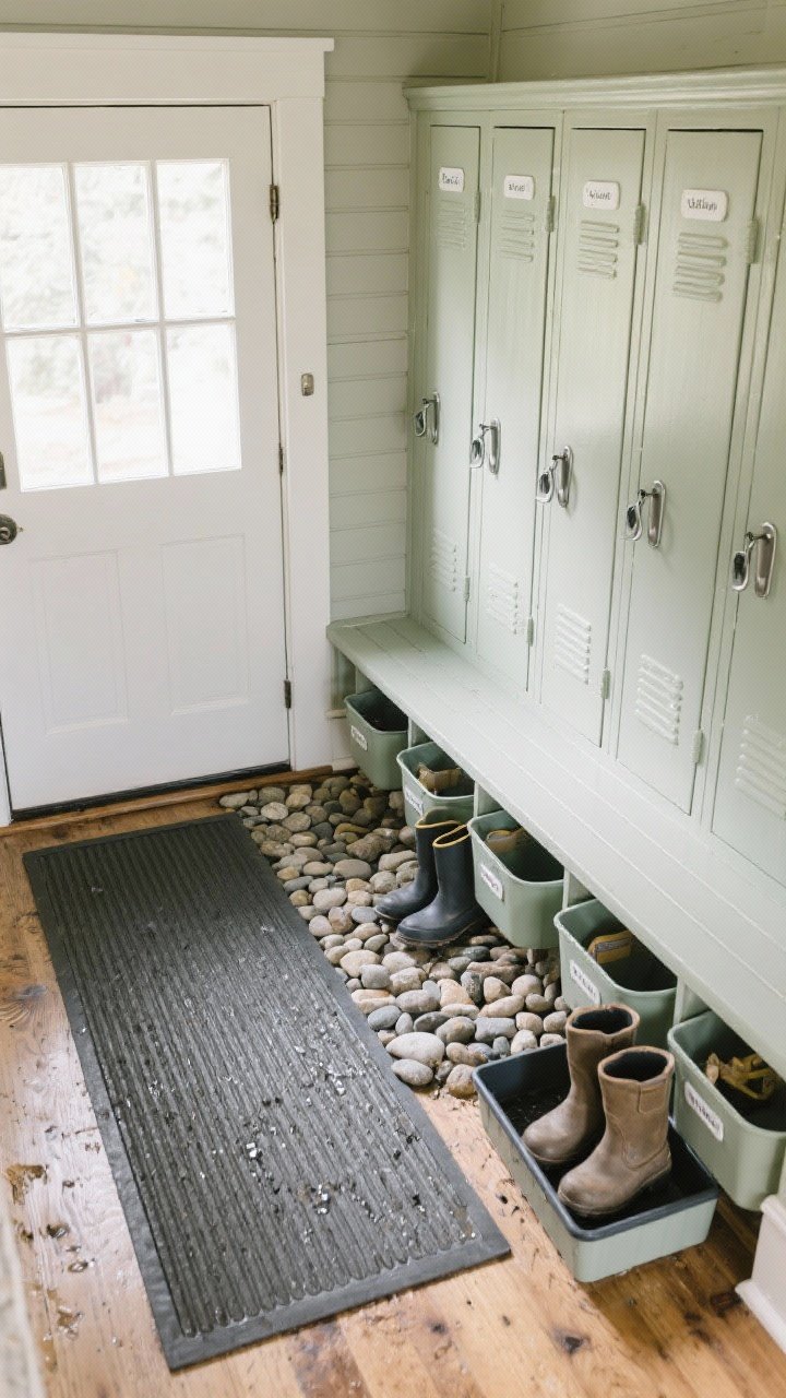 Photorealistic overhead/detail shot focused on the floor zone of a cottage-style locker bench entry: ribbed rubber mat at the door for scraping soles and a weatherproof boot tray placed in front, lined with smooth pebbles to lift boots off puddles; edges of tall locker-style cubbies visible with enamel or powder-coated hooks and labeled bins; painted cabinetry in soft neutrals—sage or greige; bright, practical lighting; family-friendly order and durability emphasized; no people.