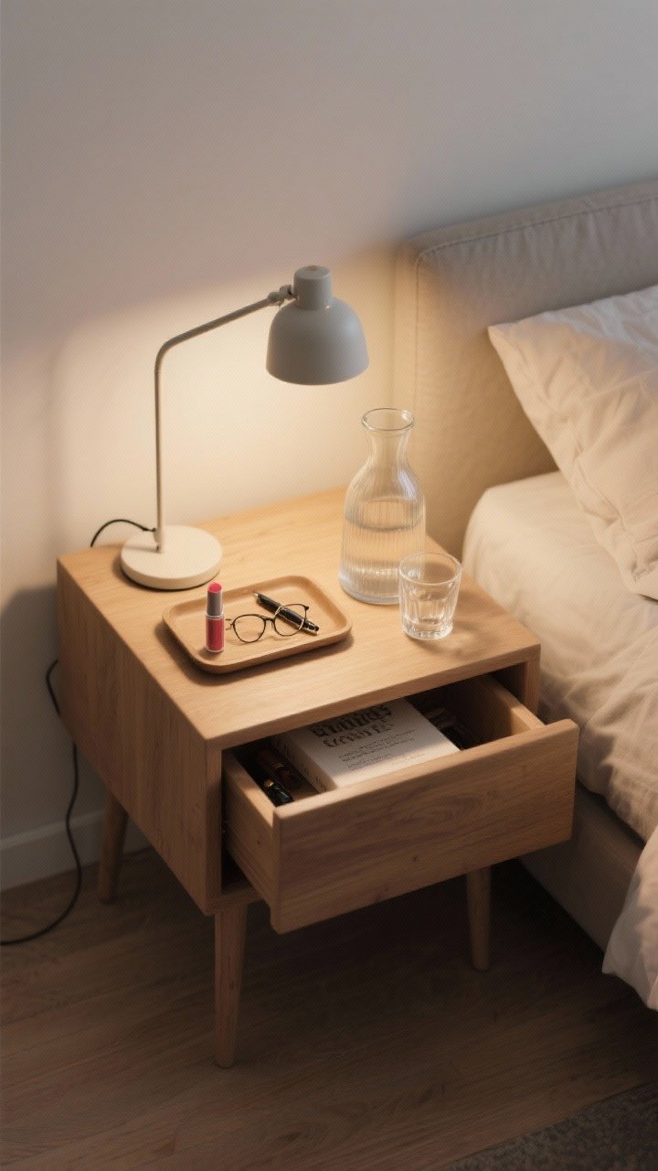Photorealistic overhead detail shot of a minimal nightstand setup: a compact wood nightstand with a simple lamp reachable from bed, a small tray corralling lip balm, glasses, and a pen, a glass carafe with matching tumbler, and a single current read. Optional drawer slightly ajar hinting at hidden clutter control. Clean surface, calm mood, warm bedside light.