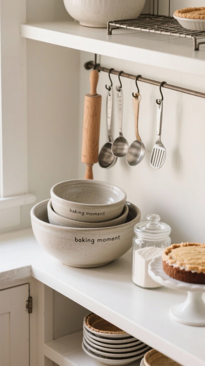 Photorealistic overhead detail shot of “baking moment” tools as decor: stoneware mixing bowls nested, a wooden rolling pin, measuring spoons hanging on a nearby hook rail, cooling rack partially in frame, and glass canisters of flour and sugar with scoops; include a stack of pie dishes and a cake stand on an open shelf edge; clean, functional beauty with soft natural light.
