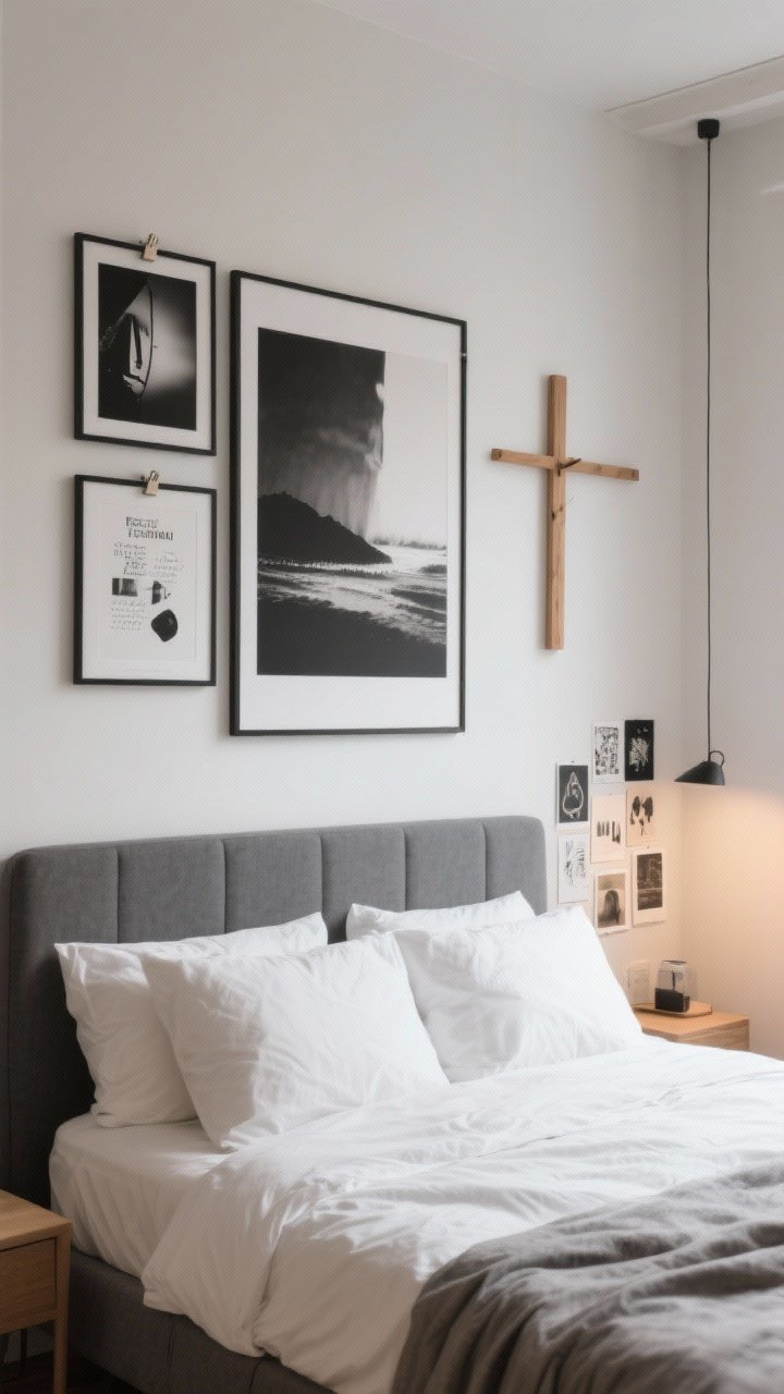 Photorealistic straight-on close-to-medium shot of statement posters presented aesthetically: two to three prints in a monochrome palette (black, white, charcoal) hung with magnetic poster frames and one skinny wooden hanger; crisp spacing of 2–3 inches; one oversized print centered above the bed acting as a faux headboard; small collage corner nearby with neatly arranged mini art cards; warm even lighting, clean wall, modern, gallery-like mood.