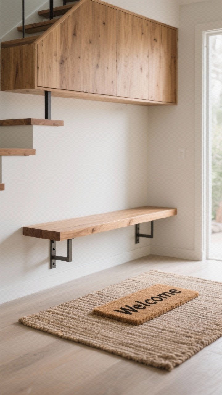 Photorealistic straight-on medium shot of a floating wood bench mounted into wall studs with discreet heavy-duty brackets; finish matched to nearby cabinetry or stair treads; open floor space visible beneath for airy feel; layered mat moment: a low-pile flat woven rug as base topped with a coir “Welcome” mat centered; textures and depth emphasized without clutter; clean modern minimalist styling, soft natural daylight; no people.