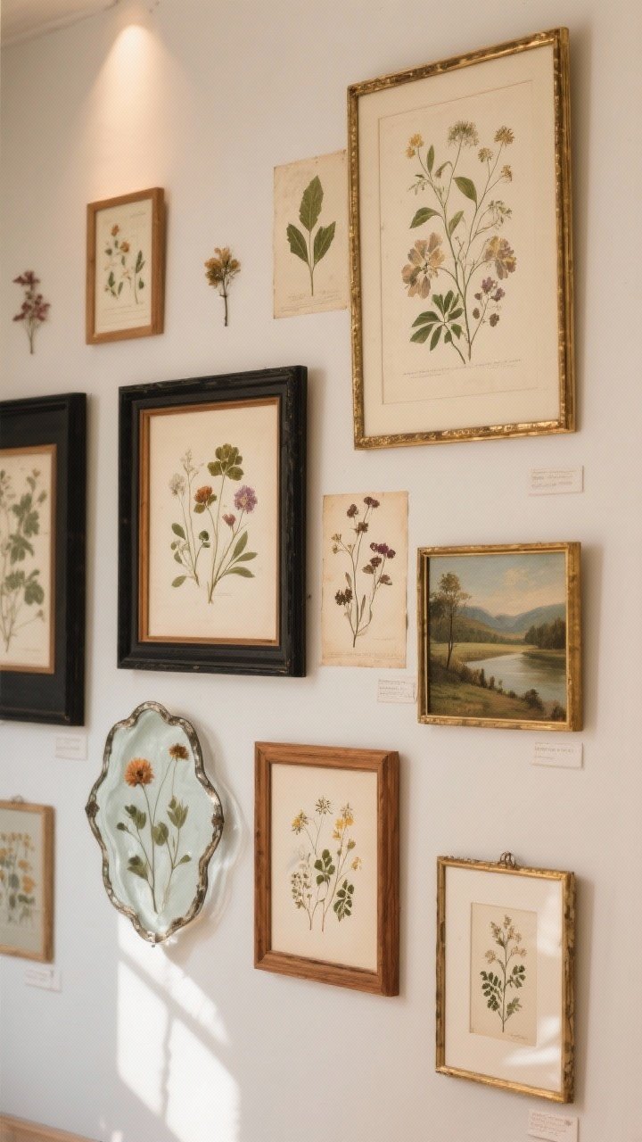Photorealistic straight-on medium shot of a gallery wall featuring vintage botanical prints, a small oil landscape, and a muted still life, all in mixed frames—black, warm wood, and gilt—of varying widths. One larger piece anchors the arrangement, with smaller works scattered around. Pressed flowers and herbarium prints layered in simple frames add collected-on-walks charm. Wavy antique glass and chippy frames visible; warm, indirect light.