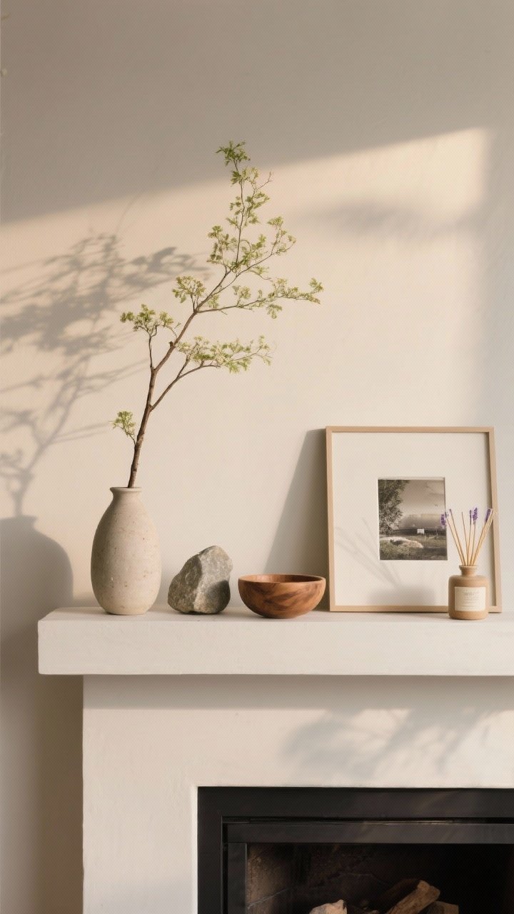 Photorealistic straight-on medium shot of a styled mantel or shelf featuring a nature-inspired vignette using the 3-2-1 rule: tall branch in a simple ceramic vase, a smooth river stone, a small wood bowl; two personal pieces like a framed photo and a tiny handmade ceramic dish; one candle or reed diffuser with notes of lavender, vetiver, or bergamot; ample negative space, varied heights, soft spring evening light creating gentle shadows, neutral background for a refined organic feel