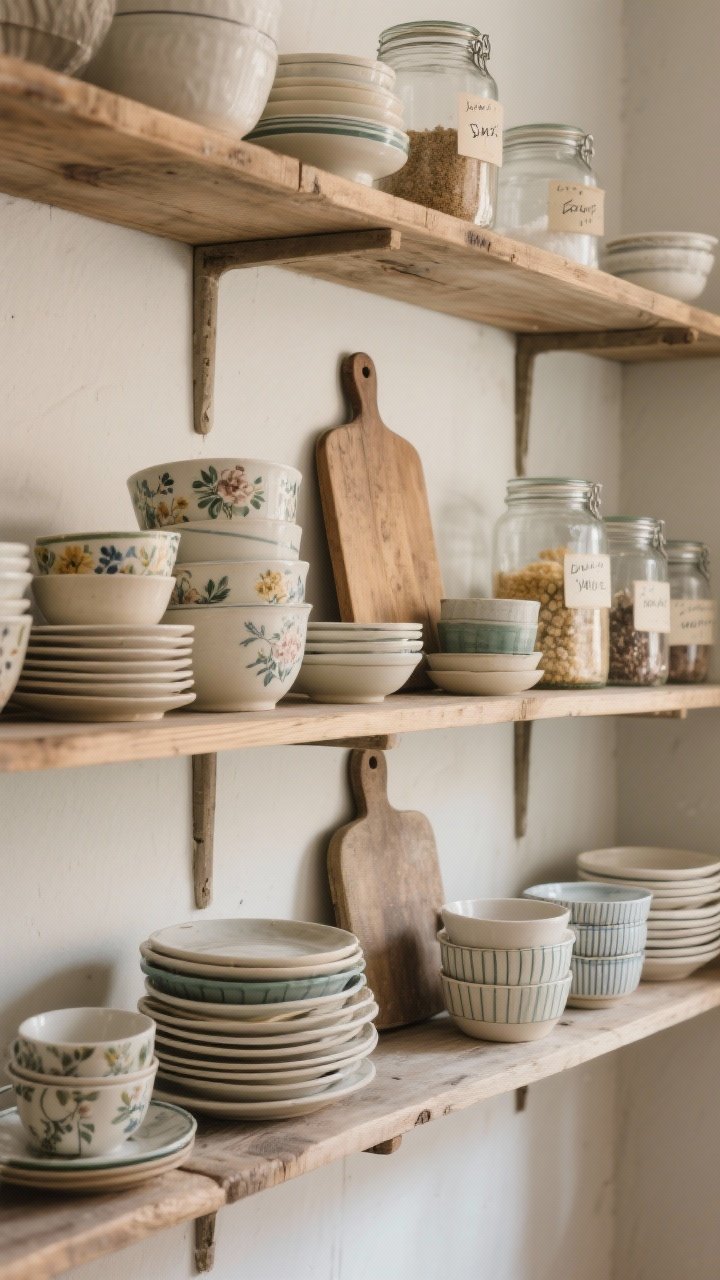 Photorealistic straight-on medium shot of display-ready open shelving in reclaimed pine: neatly curated stacks of mix-and-match crockery (florals, neutrals, and subtle stripes with stoneware), a vintage cutting board leaned as backdrop, and pantry staples decanted into clear glass jars with handwritten labels; soft natural light, uncluttered composition focused on charming essentials; muted, cozy palette.