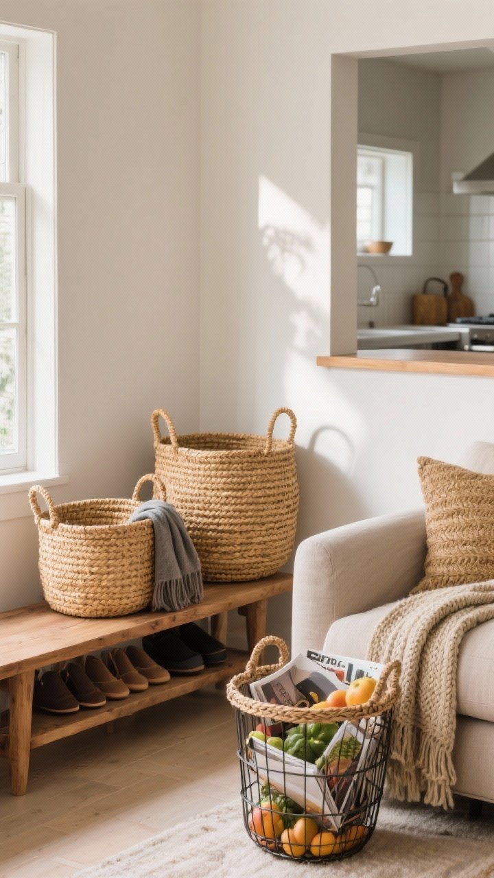 Photorealistic wide living room corner with woven storage: a pair of wicker and seagrass baskets under a wooden bench for shoes and scarves; a larger rattan basket by the sofa corrals throws and magazines, with a half-knitted scarf peeking out; in the kitchen pass-through, a wire basket holds fresh produce. Visible tight weaves and intact handles, natural honey-to-taupe tones. Soft, ambient daylight with gentle shadows. Corner angle to show multiple zones.