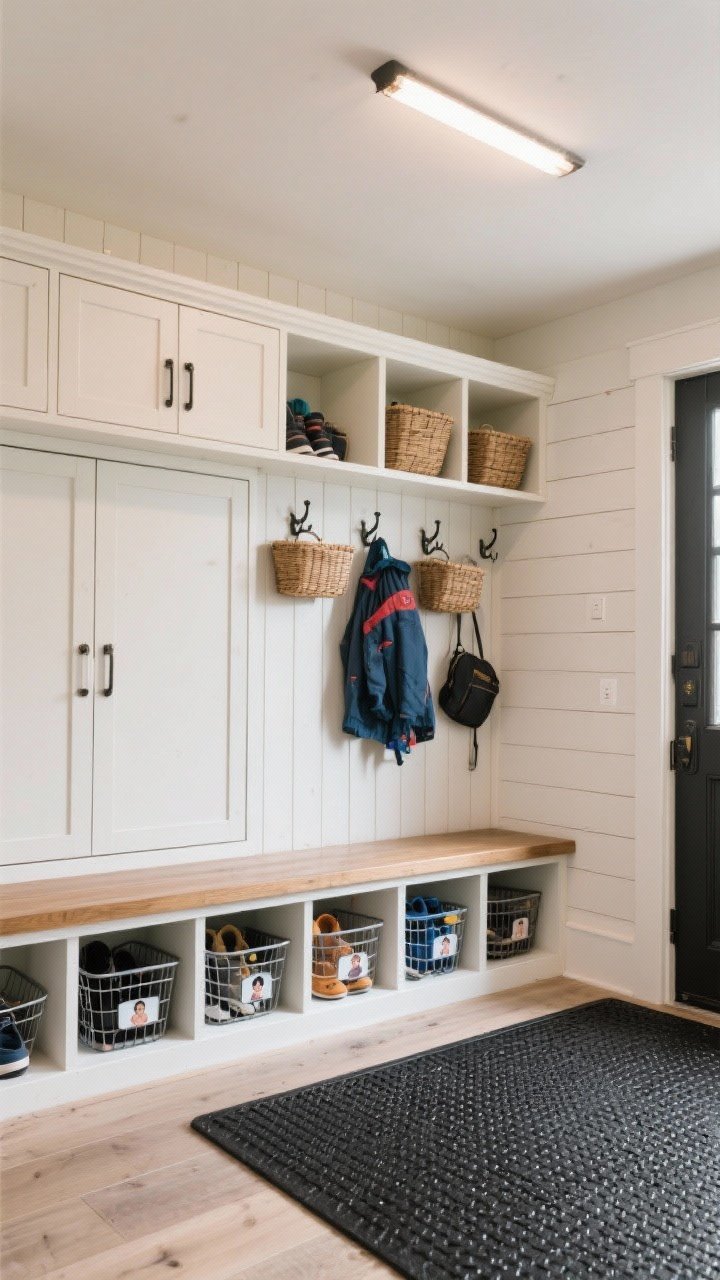 Photorealistic wide room shot of a built-in mudroom bench with cubby storage; mix of closed-door cubbies on the bottom and open cubbies on one side; vertical shiplap backing with sturdy hooks above for jackets and bags; a heavy-duty charcoal/black rubber scraper mat defining the entry zone; waterproof baskets (resin or metal) in lower cubbies for wet shoes, some cubbies labeled by person; soft overhead ambient light with clear task illumination; clean, organized, family-friendly look; no people.