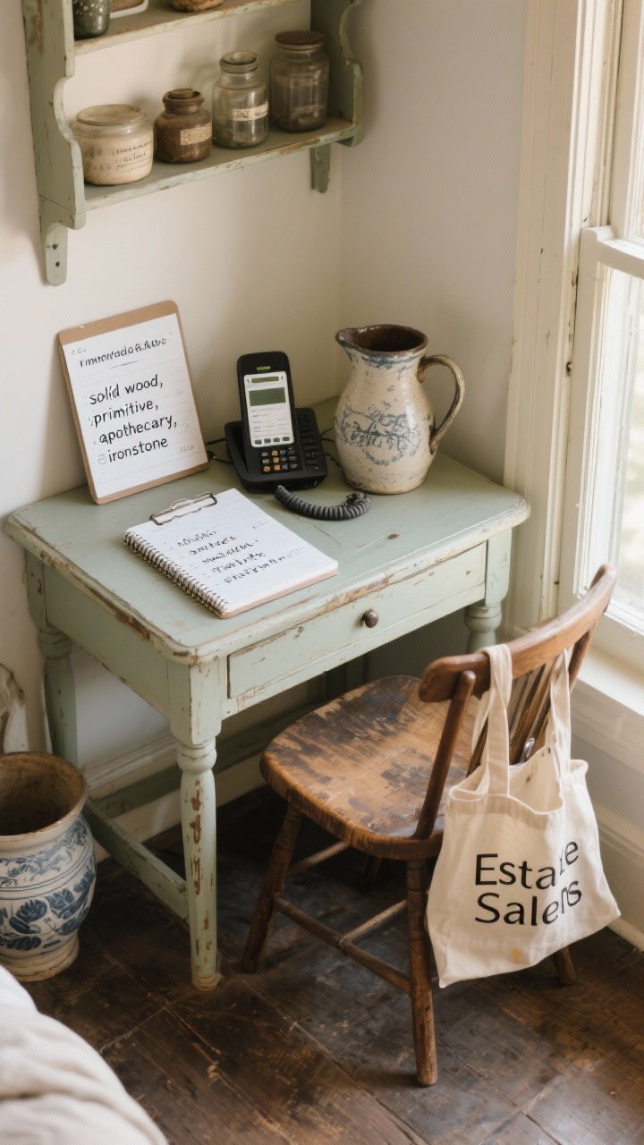 Photorealistic wide shot of a cozy sourcing-and-staging nook: a small vintage desk with a notepad showing saved-search keywords (“solid wood,” “primitive,” “apothecary,” “ironstone”), a phone with marketplace alerts open, and a few recently found items—an ironstone pitcher, a small wooden stool—waiting to be restored. Natural light from a side window; a tote bag for estate sales leans on the chair. Mood is intentional and unhurried. Slight overhead angle to convey planning.