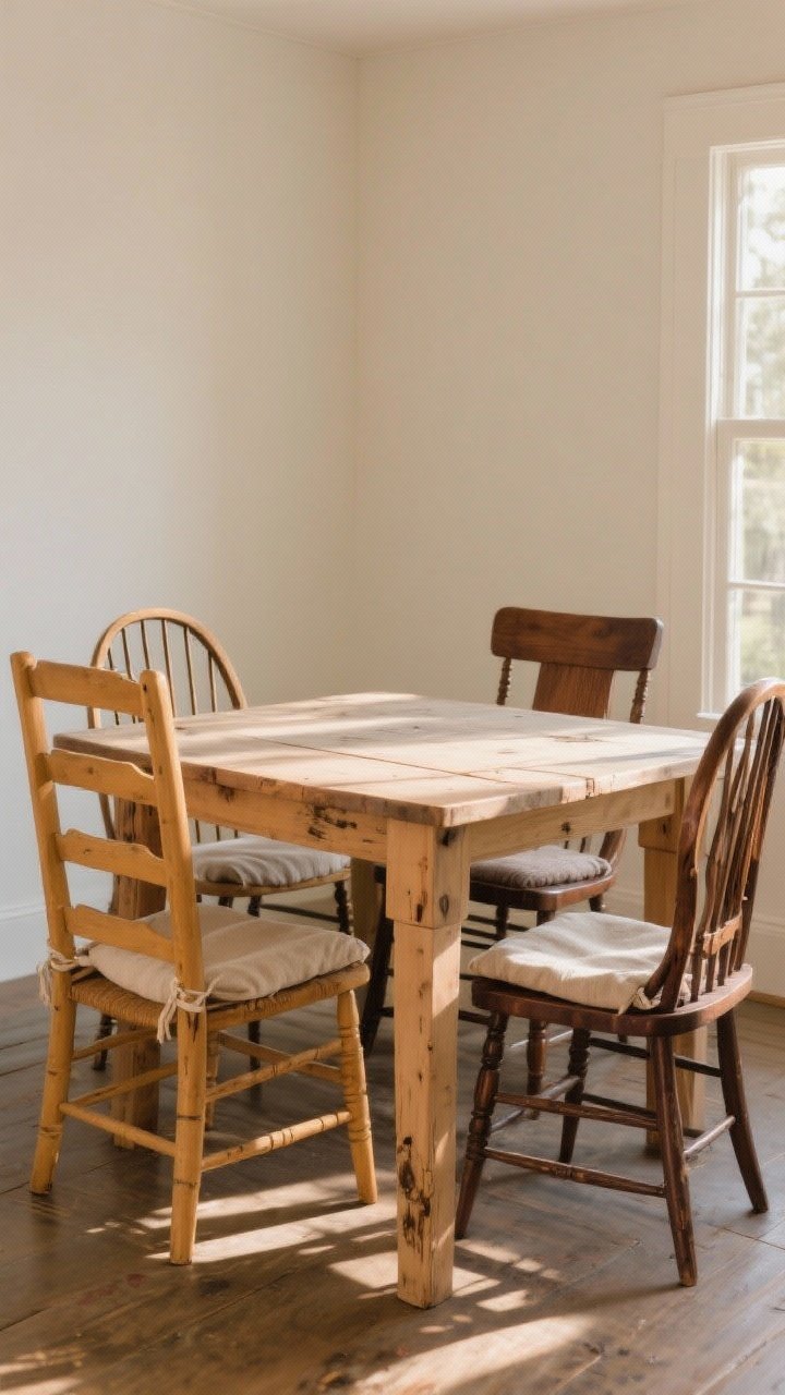 Photorealistic wide shot of a dining area featuring mismatched wooden chairs around a simple farmhouse table: a mix of ladder-back, spindle, and a Windsor chair. Finishes limited to warm honey and deep walnut tones for cohesion. Each chair has a simple natural linen seat pad to unify the set. Late-afternoon natural light rakes across the scene, highlighting honest wear, scuffs, and repaired joints. Slight corner angle to show variety without clutter.