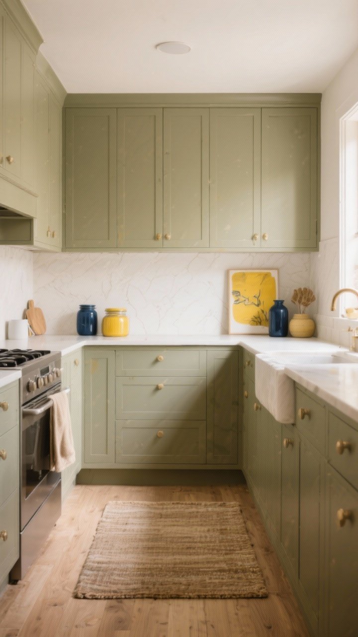 Photorealistic wide shot of a kitchen showcasing an earthy palette: cabinetry painted muted sage or mushroom, walls in warm creamy white, accessories like a small rug, jars, and art adding butter yellow and a touch of ink blue; matte/eggshell finishes throughout; calm, grounded mood with soft daylight illuminating velvety surfaces and natural wood accents.
