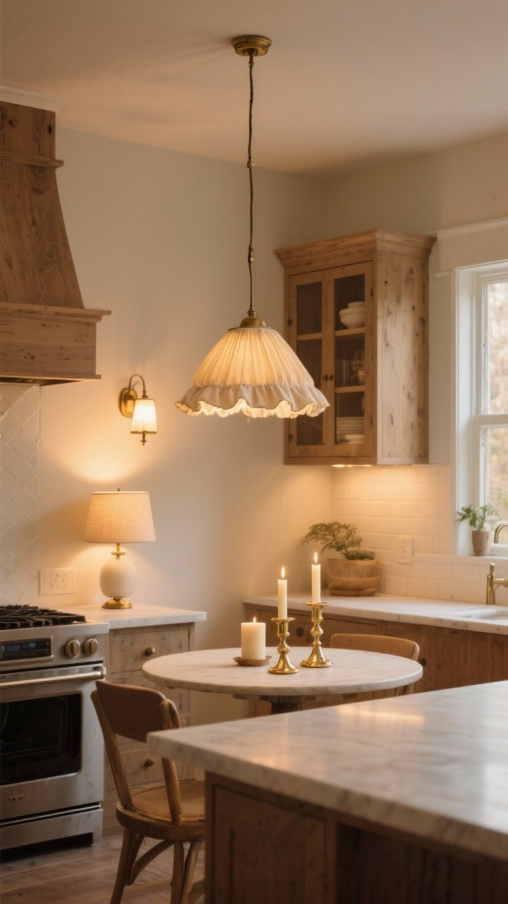Photorealistic wide shot of a kitchen with layered cozy lighting: a warm 2700K–3000K pendant over a small table, wall sconces casting soft pools of light, a petite lamp on a hutch, and a couple of candles in brass holders on a counter; include a ruffled or pleated linen lampshade for charm; overall golden-hour glow, matte finishes, and warm whites and wood tones.